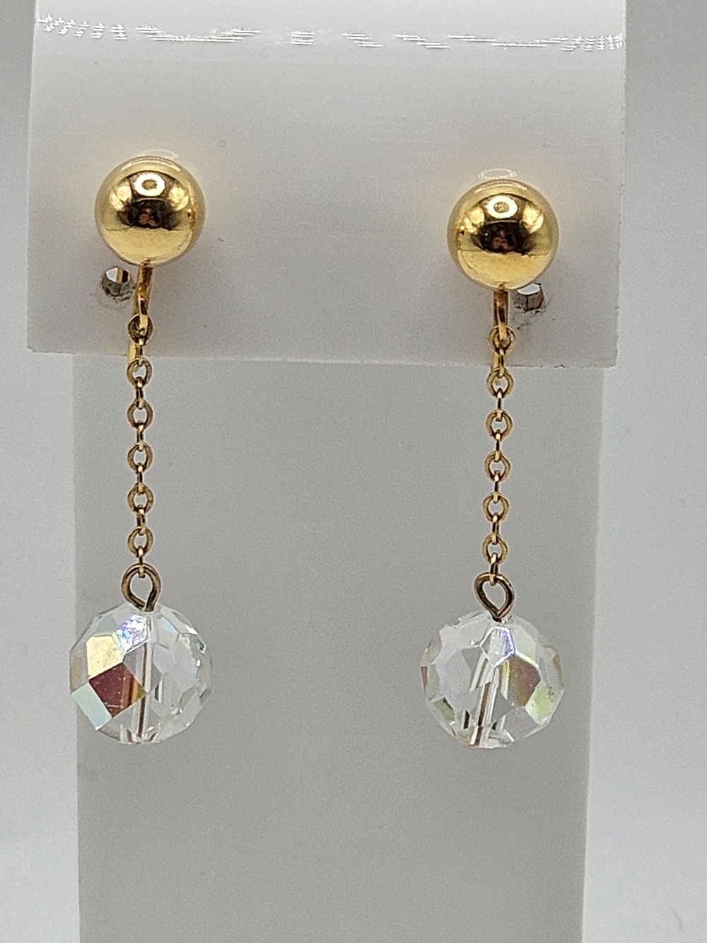 VINTAGE Faceted Crystal Ball Dangle Drop Earrings Gold Tone Screw Back Clip On